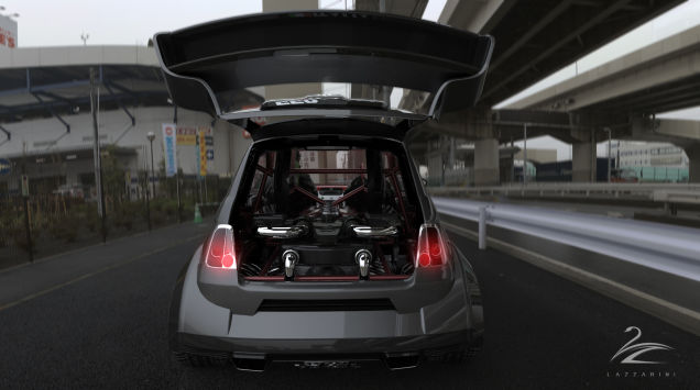 Illustration for article titled Mi hiányzott az 500-as Fiatból? Nyilván egy 570 lóerős Ferrari V8