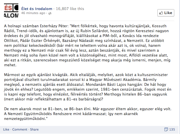 Kultúrharc biturbó: a Kossuth Rádió cenzúrázta Esterházy Pétert