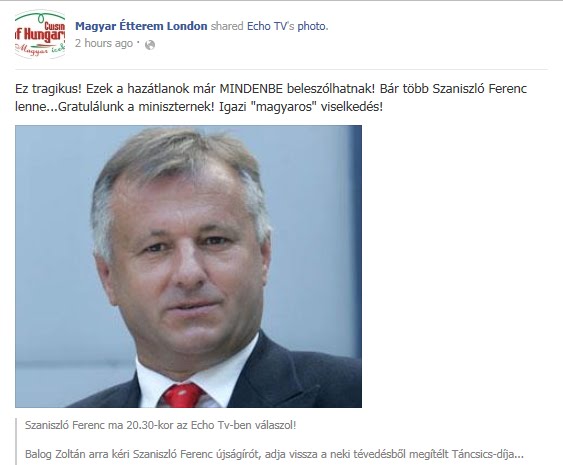 Hazátlanozik és Szaniszlót isteníti a Londoni Magyar Étterem