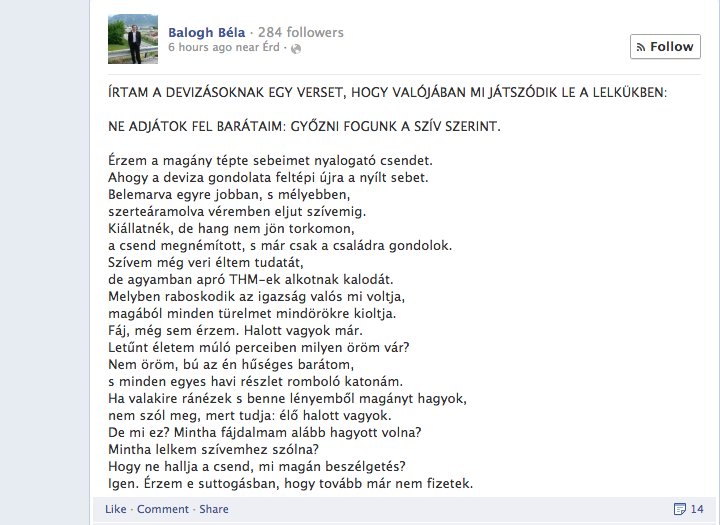 Az év magyar nyelvű verse a devizahitelesekről szól