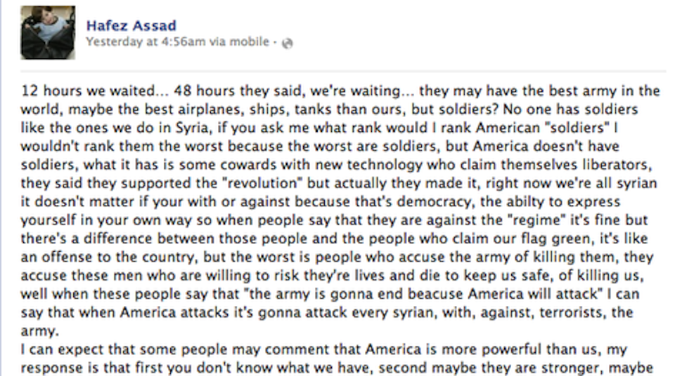 A szíriai elnök 11 éves fia Facebookon üzent az amerikai hadseregnek