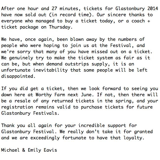 Illustration for article titled 87 perc alatt fogytak el a jegyek a 2014-es Glastonbury fesztiválra