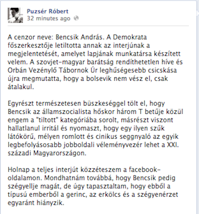 Bencsik letiltotta Puzsér interjúját