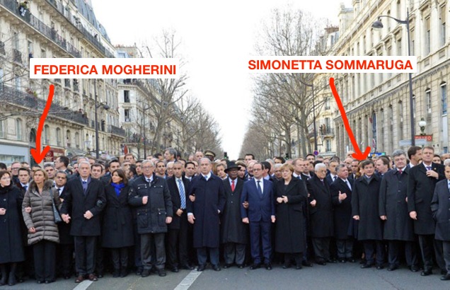 Illustration for article titled Leretusálta a Charlie Hebdo-menet képéről a nőket egy izraeli lap