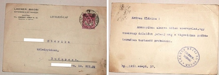 Klárika úrleányka levelezőlapot kapott Lakner bácsitól.