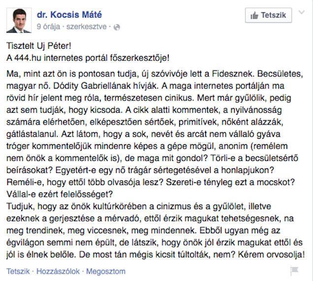 Kocsis Máté megszólította Uj Pétert, és orvoslásra kéri