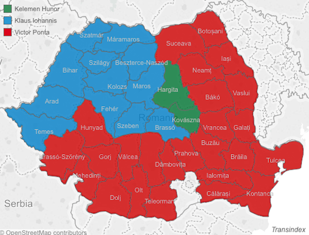 A romániai választási térkép sem sokkal kevésbé durva, mint az ukrán