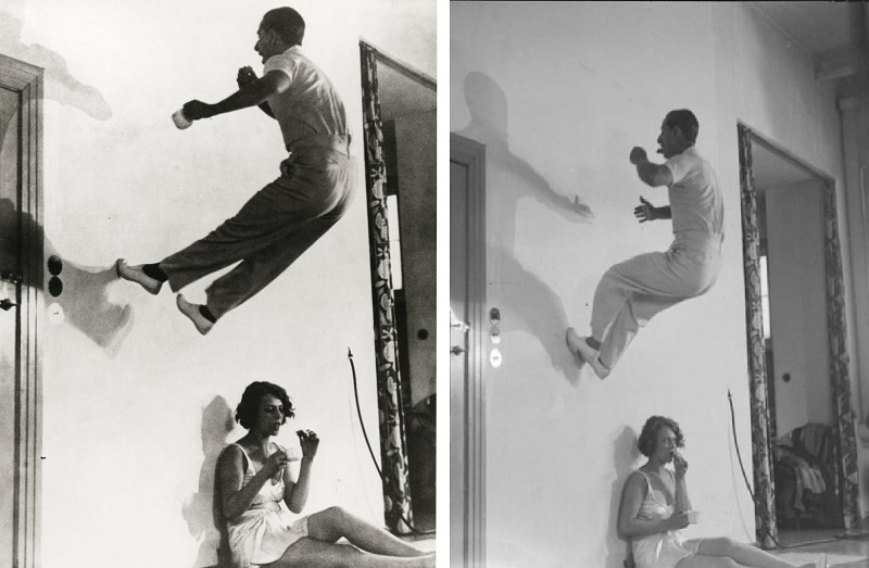 Munkácsi Márton: “Tréfa a reggelihez”. Berlin, 1933 körül. Halmay Tibor a falon: bal kezében kávéscsésze, jobbjában sütemény.