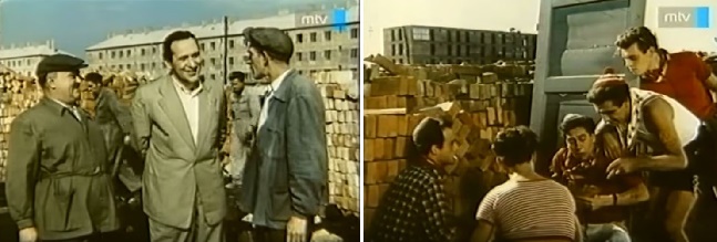 1. Tompa Pufi és Bessenyei Ferenc bizakodva építi a szocializmust. 2. A jampecek sajnos Dunapentelét sem kerülték el. Munka helyett kártyáznak és hepciáskodnak. Fehér trikóban, csíkos sapkában Bárdy György.