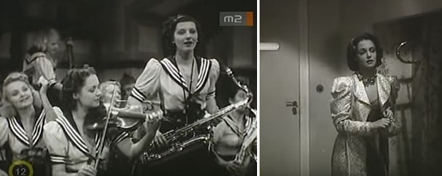 A bal képen középen hegedűvel és jobb oldalt Tasnádi Fekete Mária a “Két lány az uccán” c. filmben.