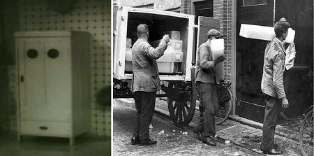 1. Jégszekrény “A pénz beszél” c. filmből. 2. Jégszállítás a valóságban. A rudakban szállított jég 48 óráig kitartott. Az olvadáskor keletkező vizet kis csapon keresztül eresztették le vödrökbe.