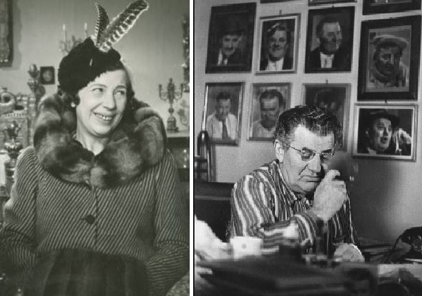 1. Vaszary Piri a “Behajtani tilos” c. filmben. 2. Mály Gerő, szivarral, háta mögött róla készült képek