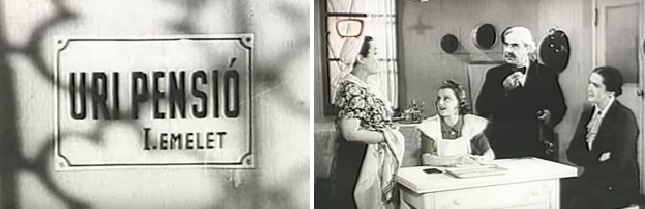 A cégtábla és Dajbukát Ilona, Turay Ida, Rózsahegyi Kálmán, Gömöry Vilma a “Te csak pipálj, Ladányi” c. filmben