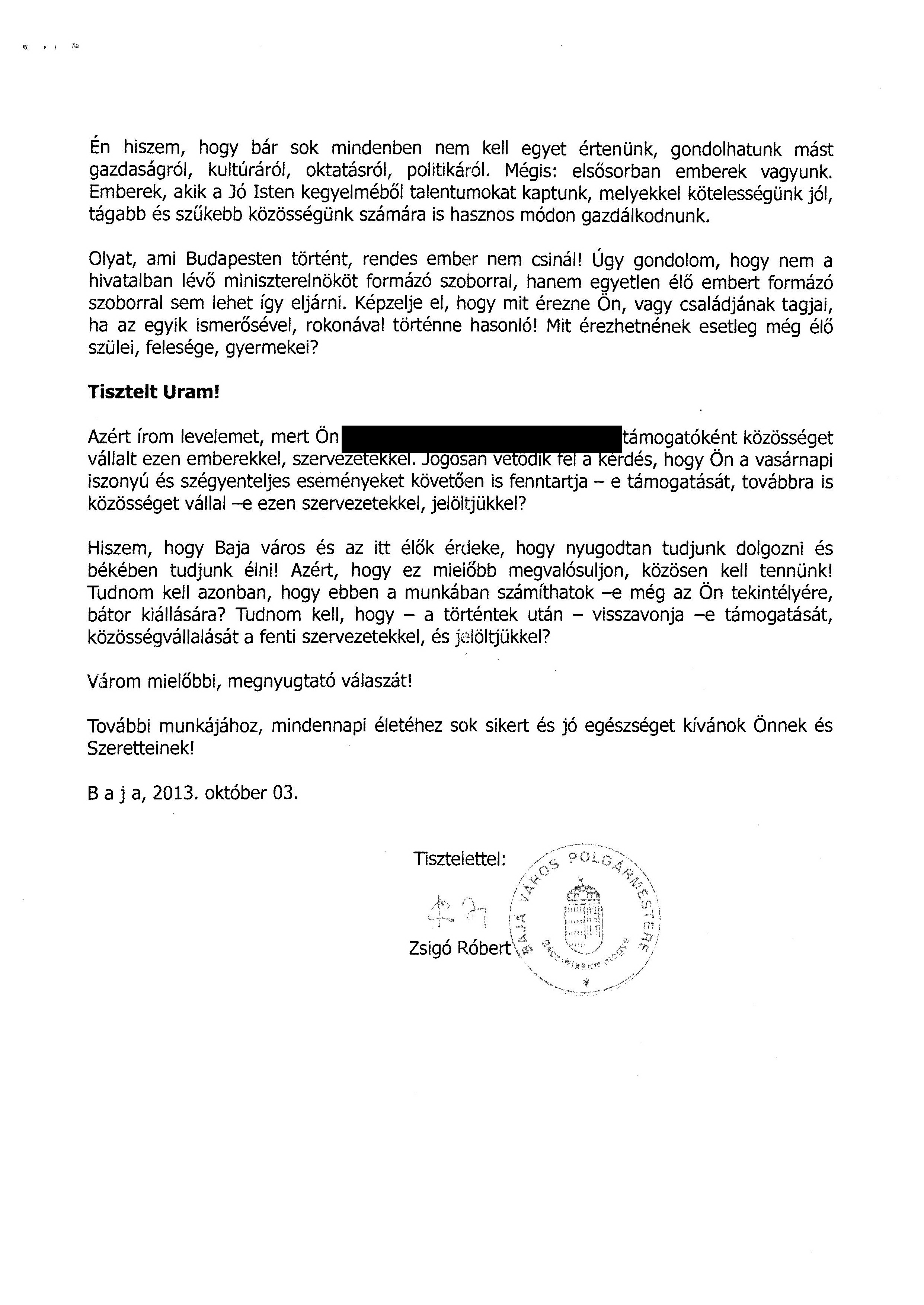 Illustration for article titled Ebben a levélben térdepeltette kukoricára Zsigó a bajai nemfideszeseket