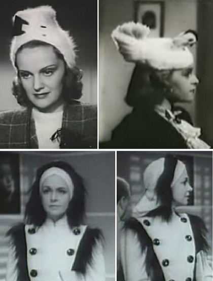 Hülyekalapok: 1. Tolnay Klári búbos kemence-szerű fejfedője a “Keresztúton”, 2. Dajka Margit komplett csibéje a “Zenélő malom”, 3-4. Tasnády-Fekete Mária indiánra emlékeztető szőrmekombinációja “Az egy asszony visszanéz” c. filmekben.