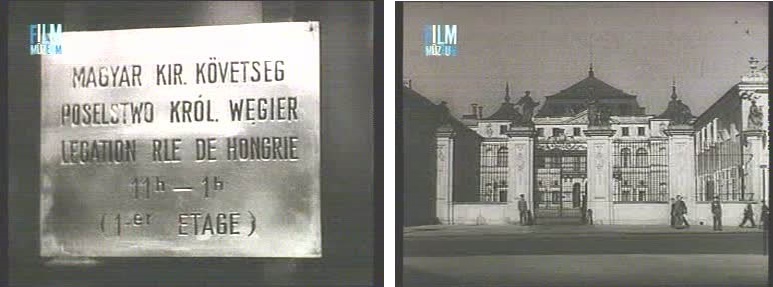 A varsói nagykövetség táblája és a lengyel külügyminisztérium (Brühl palota). Utóbbit 1944-ben lerombolták.