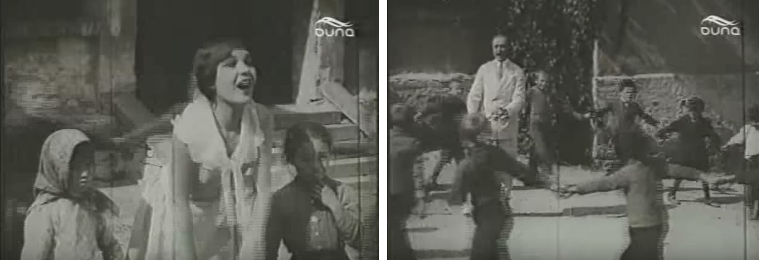 Szigorú nemek szerinti szegregáció az udvaron. A szünetben a tanítónő a kislányokkal, a tanító úr pedig a kisfiúkkal játszik. Falusi iskola lévén a gyerekek zömmel rongyokban és mezítláb vannak.