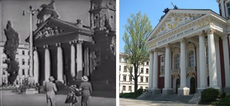 Az Ivan Vazov Nemzeti Színház. A filmes jelenetben háttal Pataky, D. Boneva és Naszódy látszanak.