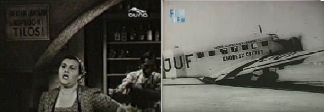 1. Kocsmai falitábla a Heten, mint a gonoszok c. filmben: “Énekelni, lármázni és köpködni tilos”. 2. A Mária két éjszakája c. filmben a Magyar Légiforgalmi Rt. Endresz Györgyről elnevezett Junkers repülőgépe.