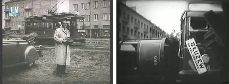 1. Pataky Jenő egy jelenetben Varsóban, sofőrre várva. 2. A varsói utca látványa pár hét múlva.