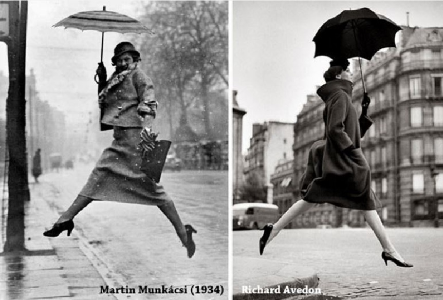 Képpár: Munkácsi “Jumping a Puddle” c. 1934-es fotójára így reagált Richard Avedon 1957-ben. Képének címe: “Homage to Munkacsi”