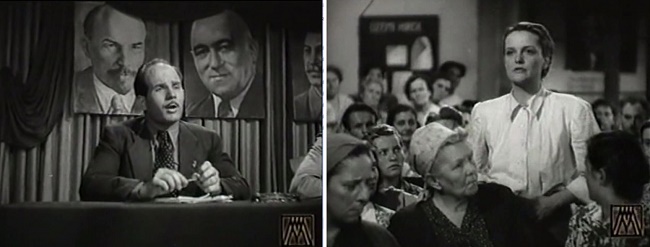 1. Előtérben Pécsi Sándor, mint jó kommunista vezető, mögötte Lenin, Rákosi és Nagysztalin elvtársak. 2. Tömeggyűlés a munkásoknak, felszólal és panaszkodik az akkor még ingadozó Tolnay Klári.